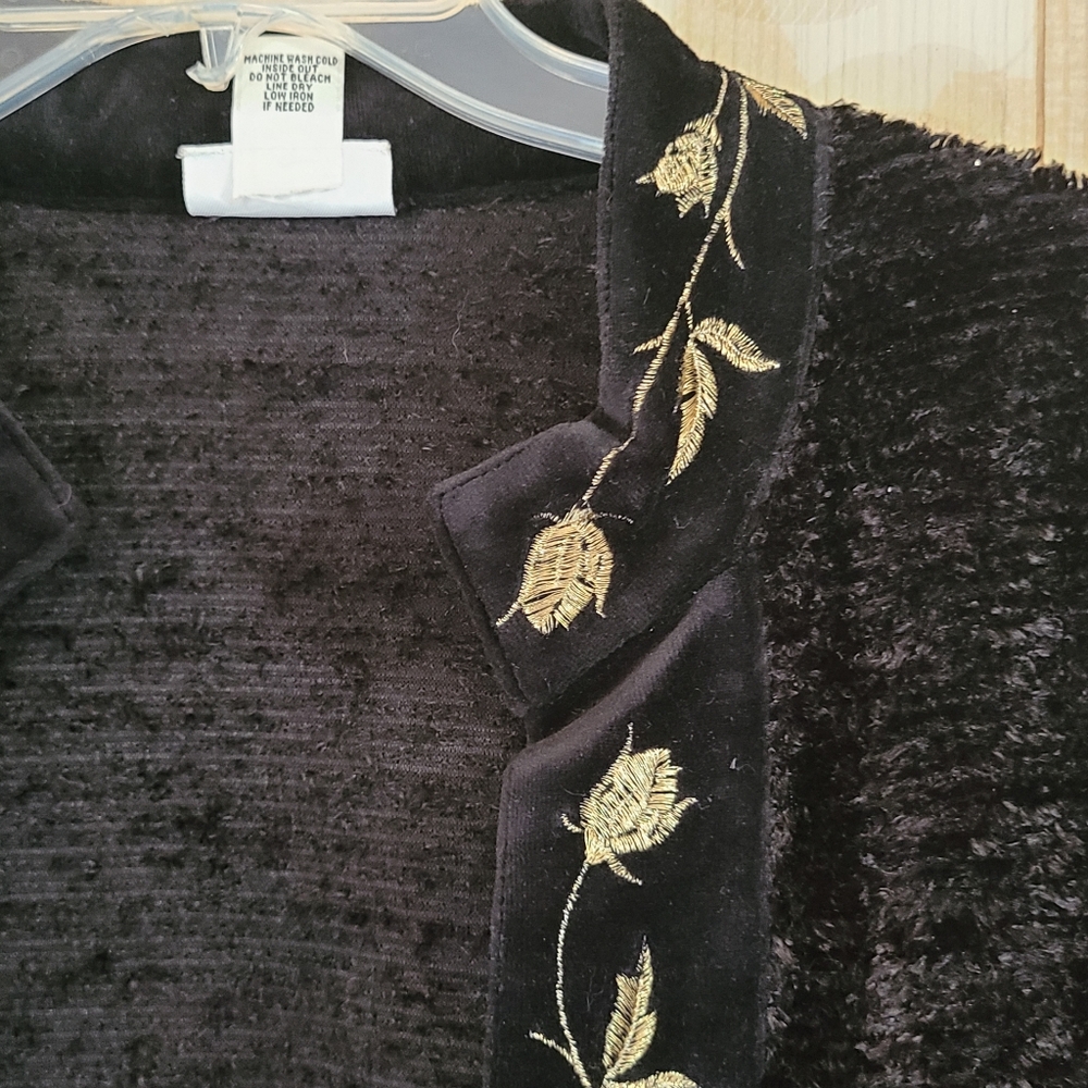 Graff Black Teddy Soft Floral Vines Embroidered Gold Leaf Open Cardigan Large - Picture 4 of 10